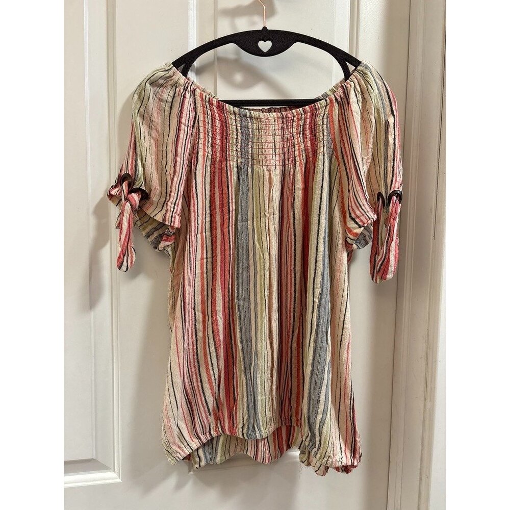 Westport Loose Colorful Striped Blouse Size Women's XL Elastic Waist Tie Sleeves